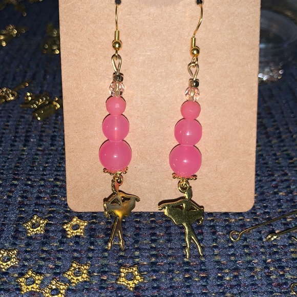 Handcrafted Semi Precious Pink stone w ballerina pendant Dangle Bon Bon Earrings - Picture 6 of 8